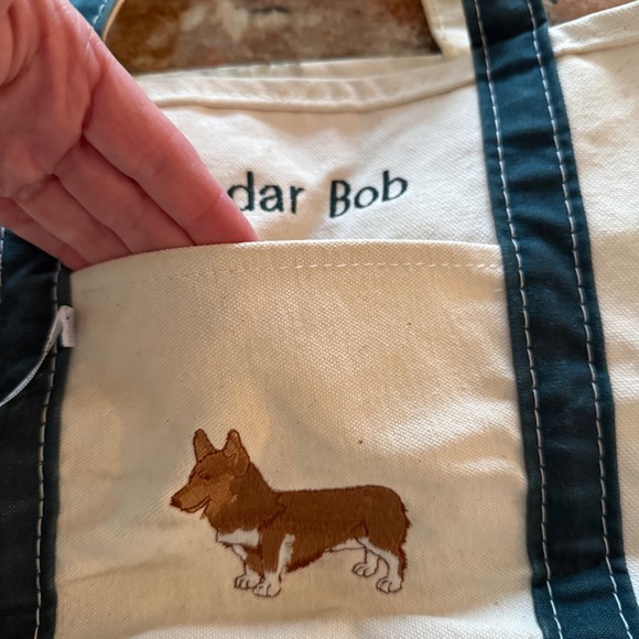 Vtg L.L.Bean Boat Tote 'Radar Bob' Corgi Embroidered Canvas Bag Green Trim - Picture 11 of 12
